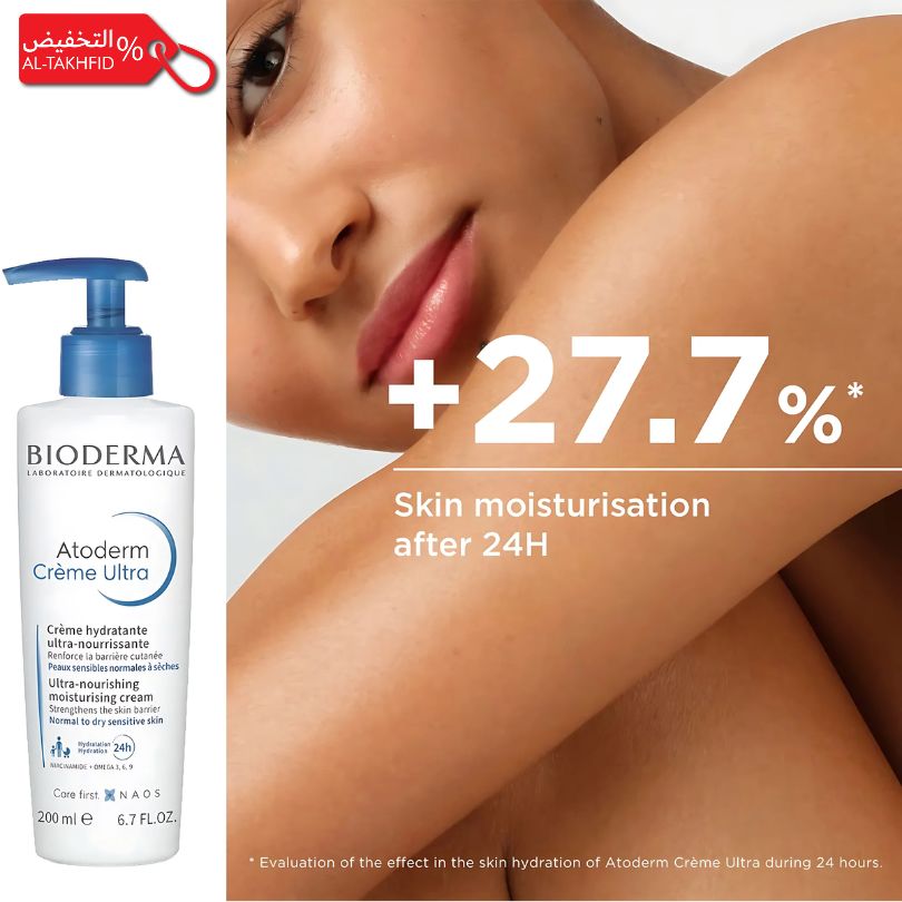 Bioderma Atoderm Crème Ultra cream bottle with a woman's leg and text highlighting skin moisturization.