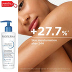 Bioderma Atoderm Crème Ultra cream bottle with a woman's leg and text highlighting skin moisturization.