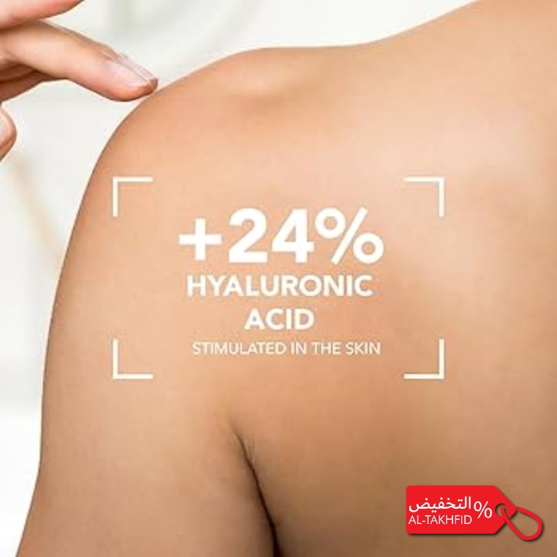 Advertisement showing a person's shoulder with text about hyaluronic acid stimulation, on a white background.