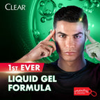 Advertisement for Clear liquid gel formula with a person pointing to their face against a green background.