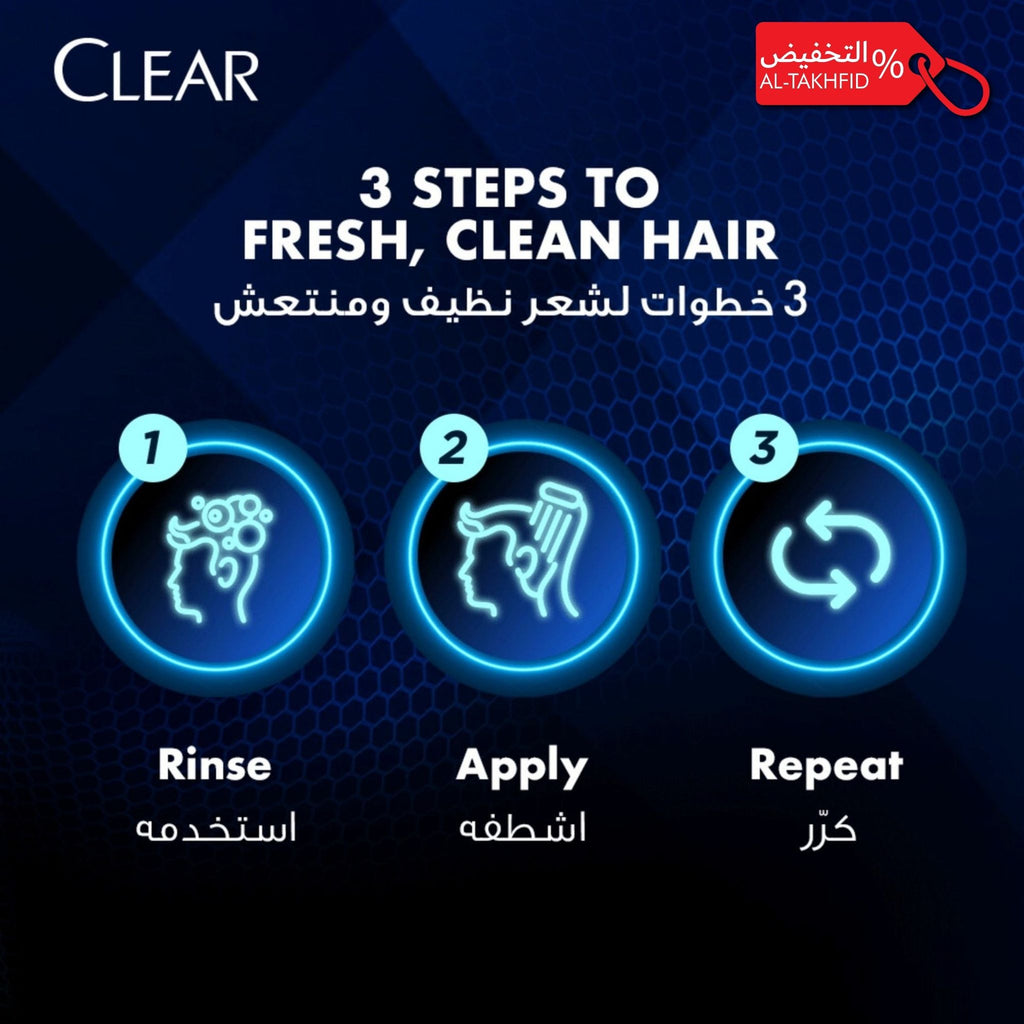 Clear hair care product advertisement with 3 steps to fresh, clean hair on a dark blue background.