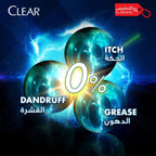 Clear dandruff shampoo advertisement with glowing spheres and text on a dark background