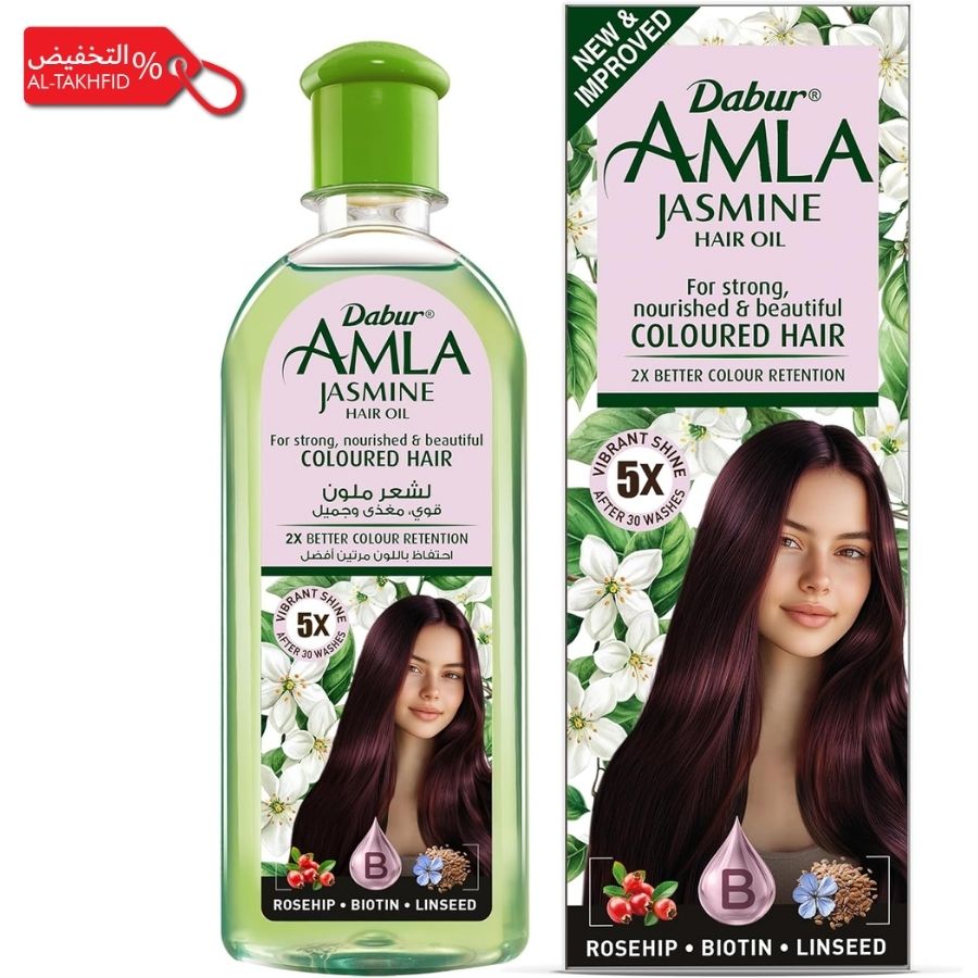 Dabur Amla Jasmine hair oil bottle and packaging on a white background