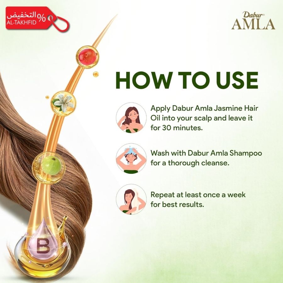 Dabur Amla hair care product instructions with oil droplet and hair illustration.