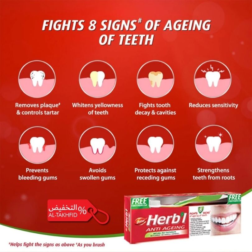 Dabur Herbal RED Toothpaste (200g) Fights 8 Signs of Ageing of Teeth
