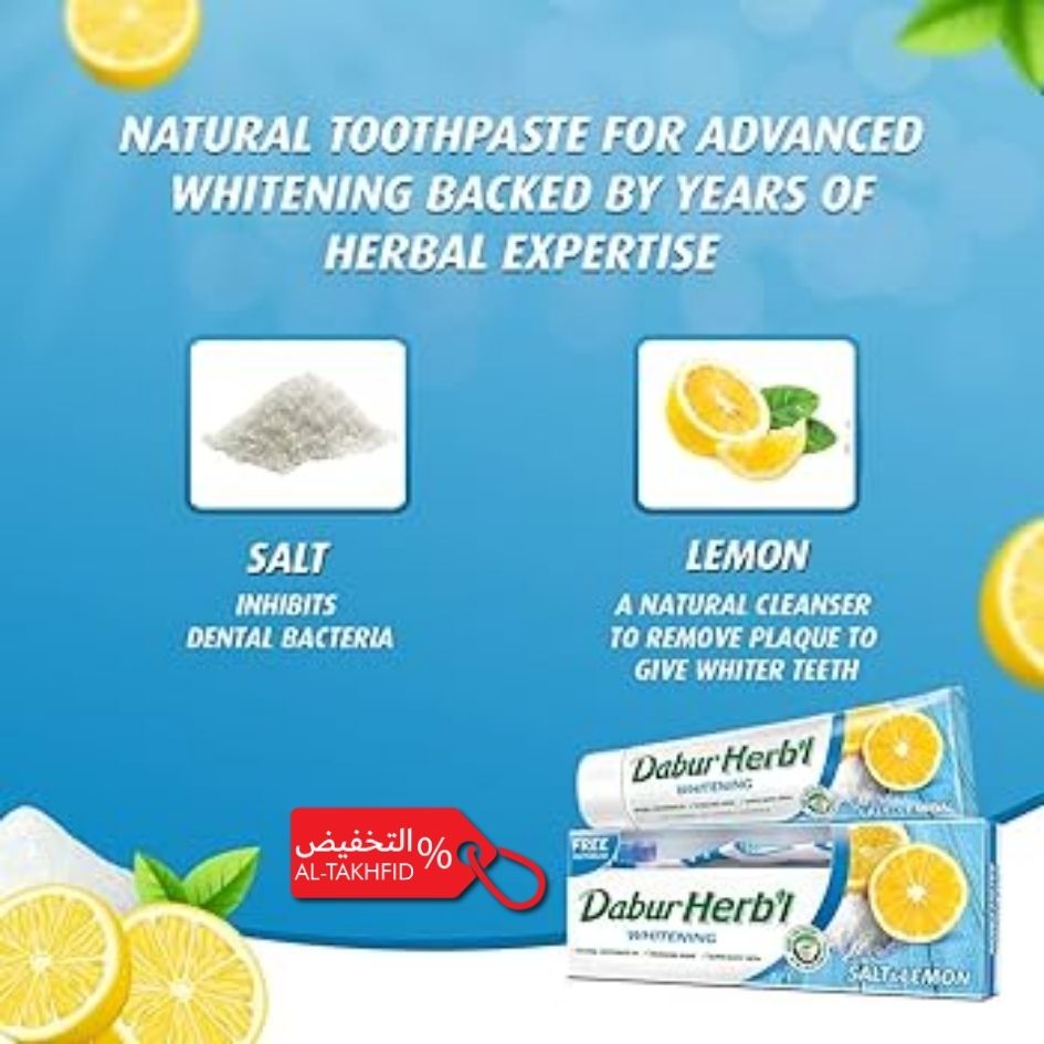 Advertisement for Dabur Herb'l natural toothpaste with lemon and salt ingredients on a blue background.