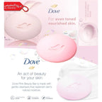 Dove Pink Beauty Bar packaging with product images and branding on a pink background.