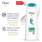 Dove shampoo bottle with branding and product features on a white background