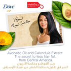 Dove ad with a woman and avocado, featuring text about hair care ingredients.