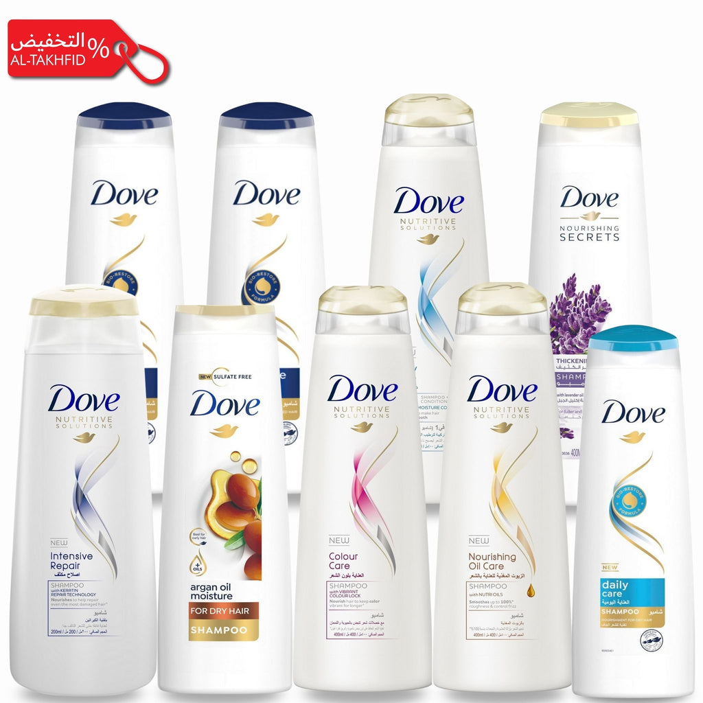 Various Dove shampoo bottles on a white background