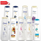 Various Dove shampoo bottles on a white background