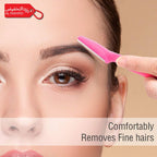 Woman using a Feather Flamingo Facial Razor on their eyebrow with a beige background