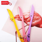 Three colorful Feather Flamingo Facial Razor (yellow, pink, purple) on a white background with a promotional banner at the top.