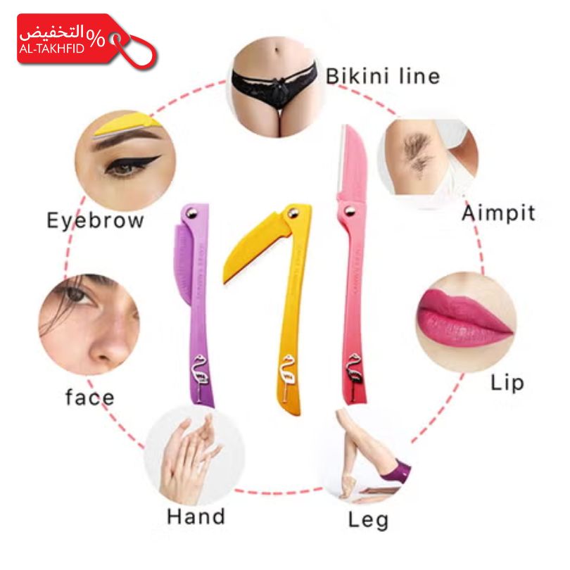Set of Feather Flamingo Facial Razor with labeled uses for face, eyebrow, bikini line, lip, and other body parts on a white background.