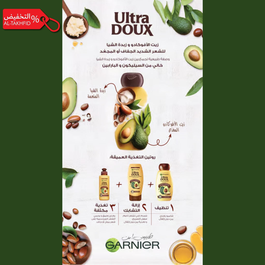Garnier Ultra Doux hair care product packaging with avocado and shea butter elements on a white background.