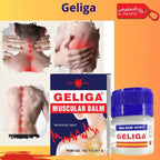GELIGA muscular balm packaging with images of sore muscles and a promotional tag.