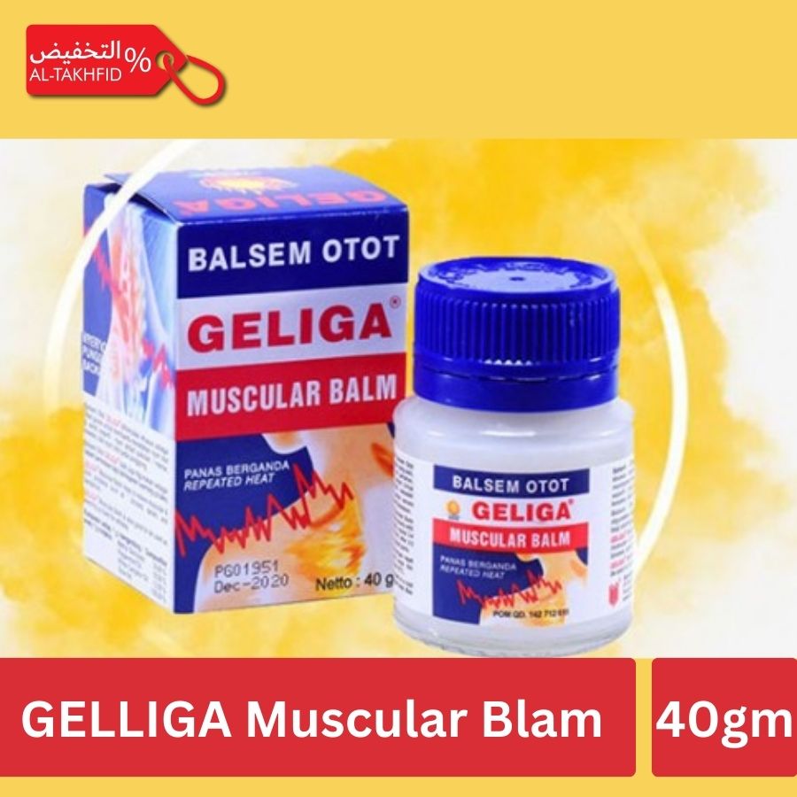 GELIGA Muscular Balm packaging on a yellow background