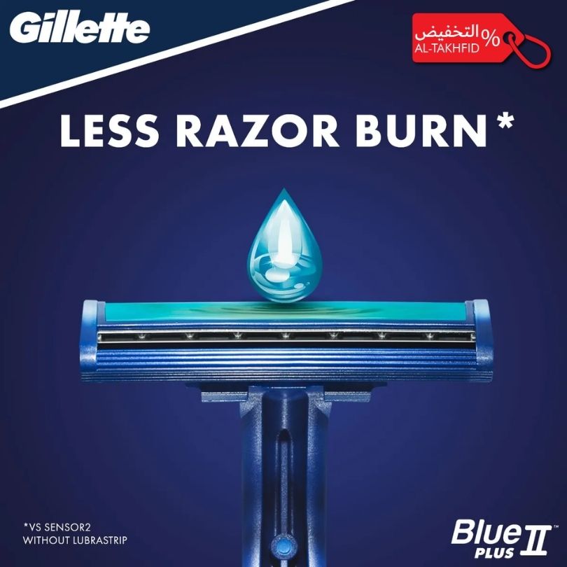 Gillette Blue II Plus razor with a drop of liquid on a blue background, featuring text about less razor burn.