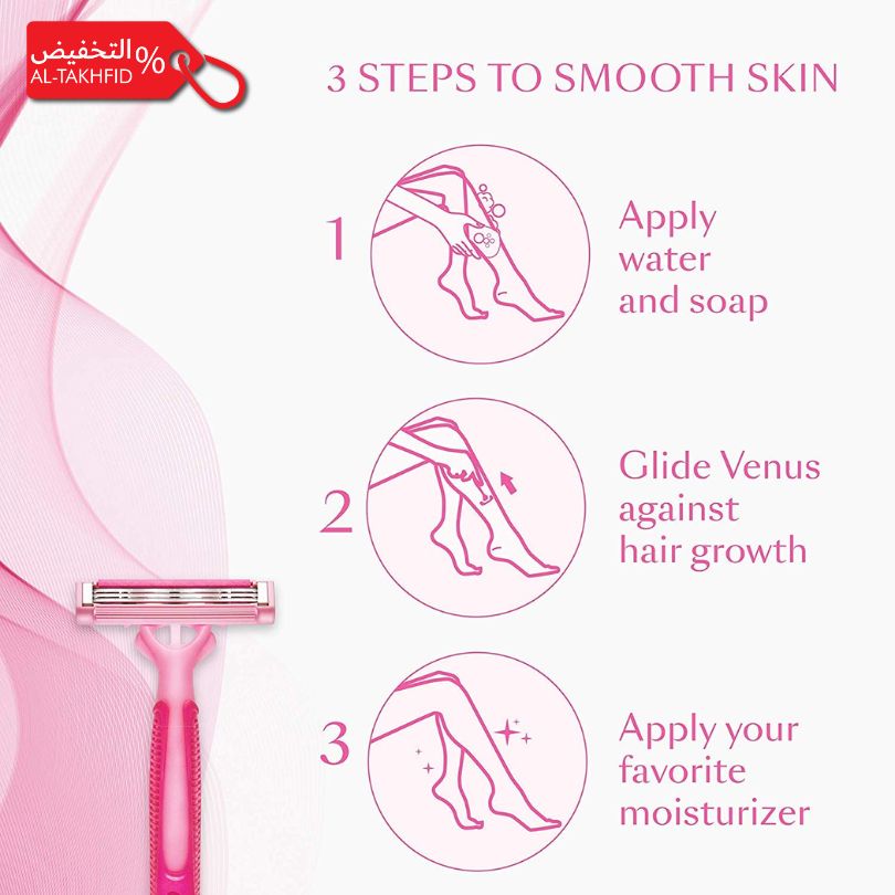 Venus razor with step-by-step guide for smooth skin on a pink background