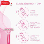 Venus razor with step-by-step guide for smooth skin on a pink background
