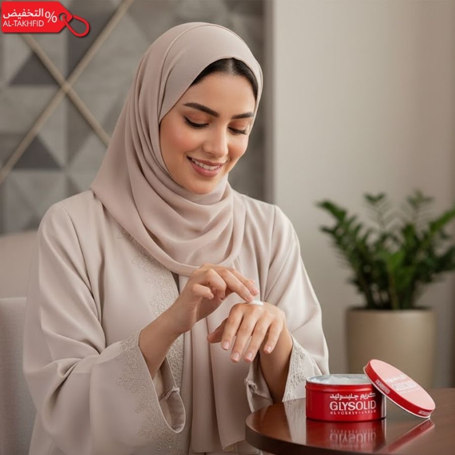Woman applying cream from a container with a visible brand logo in a modern indoor setting.