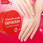 GLYSOLID glycerin cream with hands applying cream on a red background