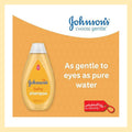 Johnson's baby shampoo bottle on an orange background with branding and text.