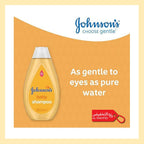 Johnson's baby shampoo bottle on an orange background with branding and text.