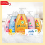 Johnson's baby products including shampoo, soap, and lotion on a white background with a yellow border.