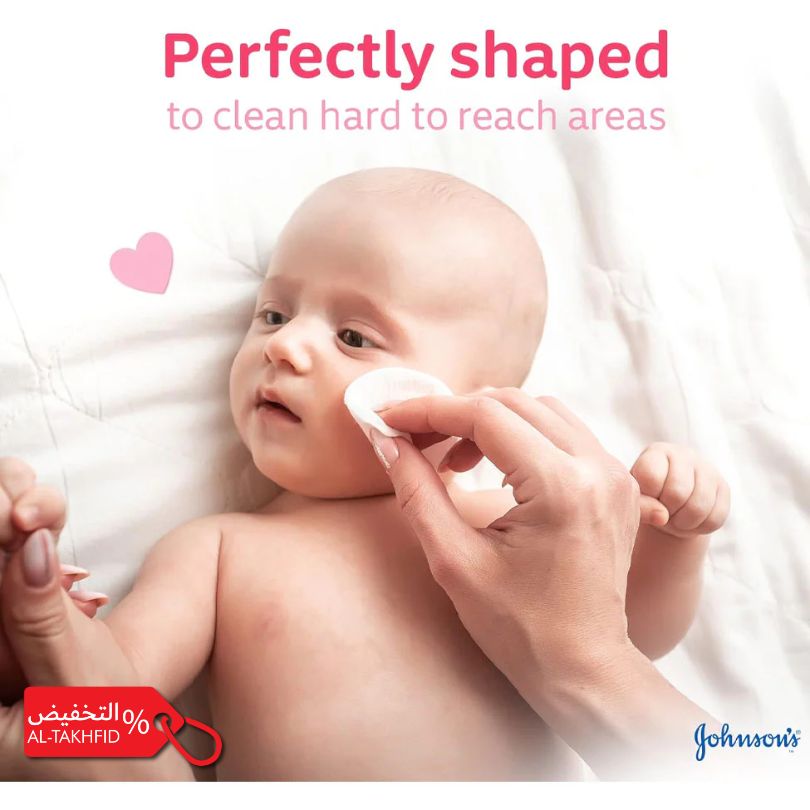 Baby being cared for with a Johnson's product, featuring text about product features of Johnson’s Pure Cotton Pads (80 pcs)