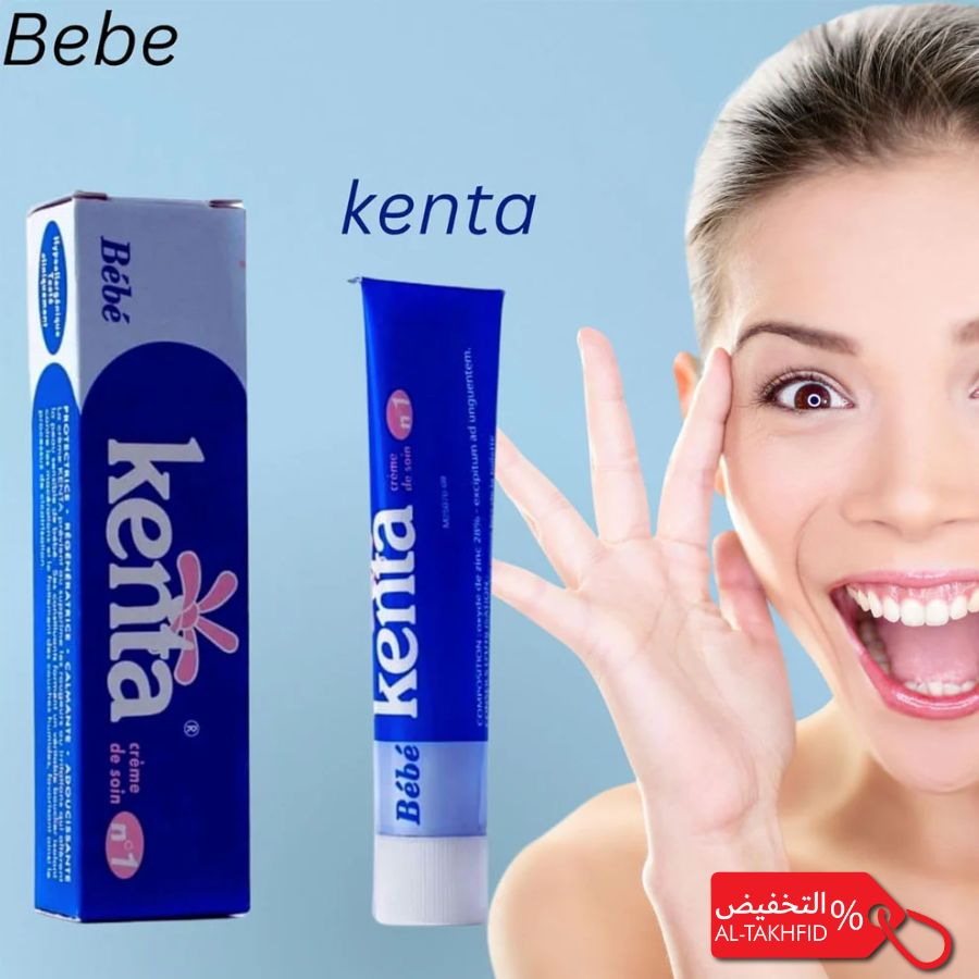 Kenta toothpaste packaging with a woman using it on a light blue background