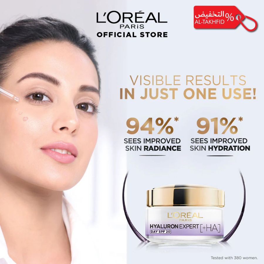 L'Oreal Paris advertisement with a woman applying cream and product packaging on a light gray background.