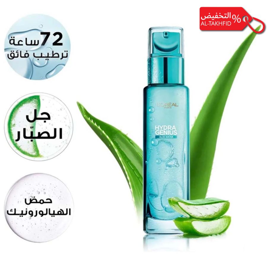L'Oreal Hydra Genius aloe water bottle with aloe vera leaves and text on a white background