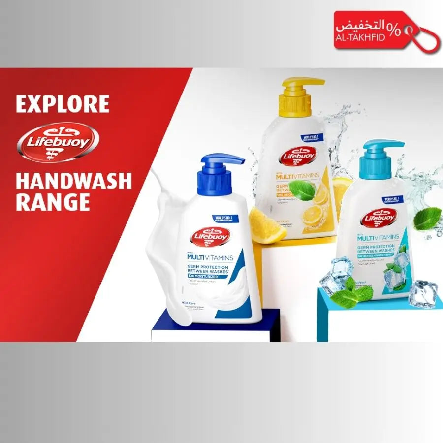 Lifebuoy handwash products with promotional text on a gray background
