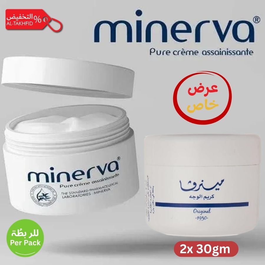 Minerva cream jars with branding and product details on a gray background