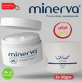 Minerva cream jars with branding and product details on a gray background