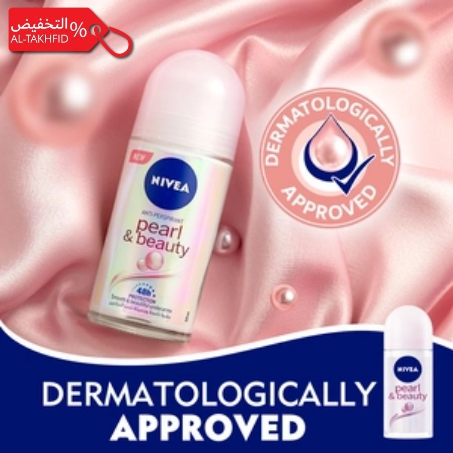 Nivea pearl & beauty deodorant with dermatologically approved logo on a pink background