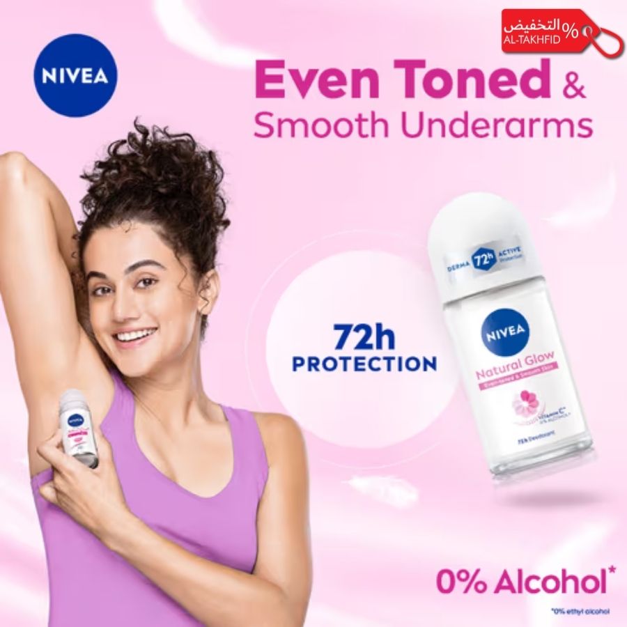 Nivea deodorant advertisement with a woman applying deodorant on a pink background