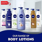 Nivea body lotion bottles on a white background with promotional text.