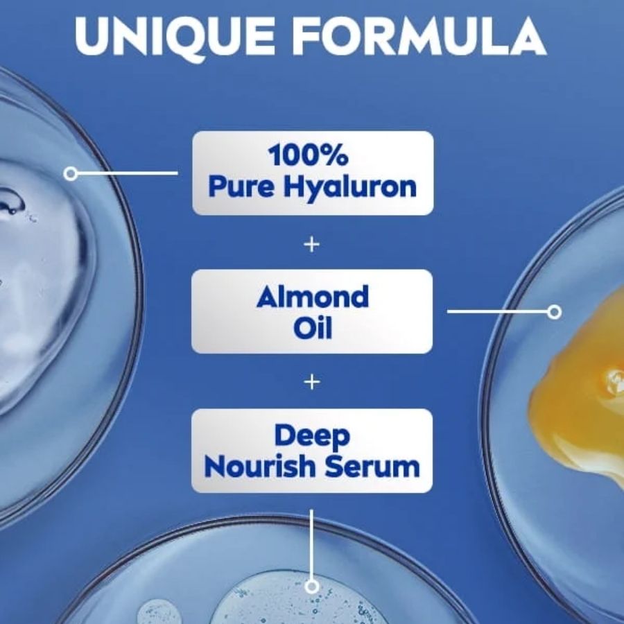 Diagram of a unique formula with pure hyaluron, almond oil, and deep nourish serum on a blue background.