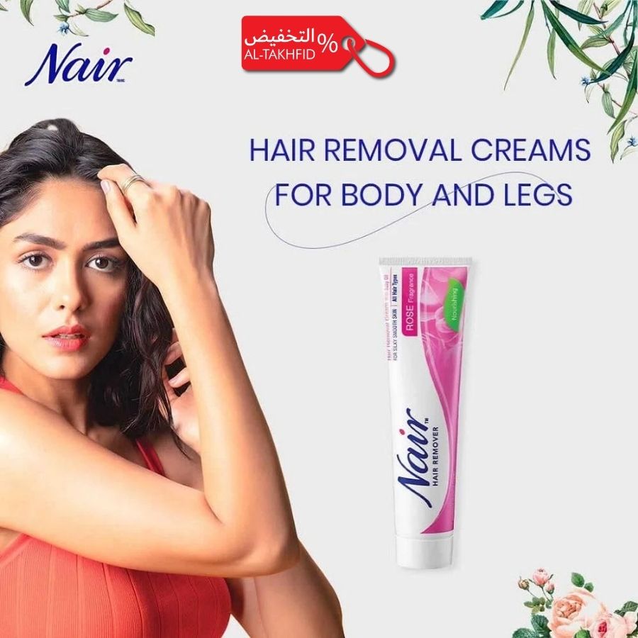 Nair hair removal cream advertisement with a woman and product tube on a white background