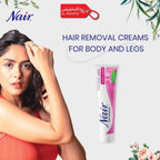 Nair hair removal cream advertisement with a woman and product tube on a white background