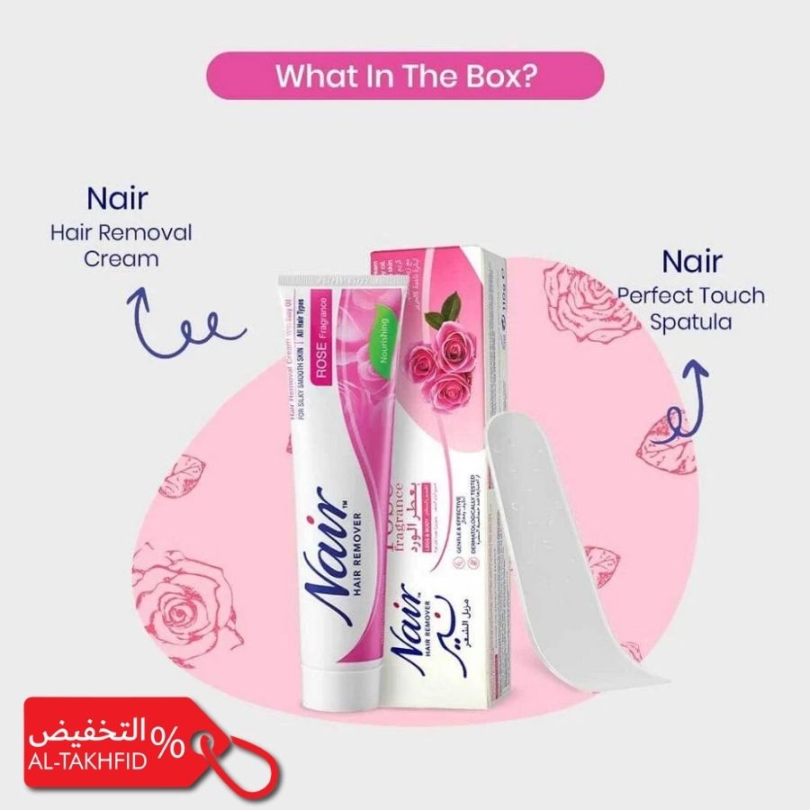 Nair hair removal cream and spatula with promotional text on a pink and white background