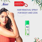 Nair hair removal spray advertisement with a woman and product on a light background