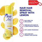 Nair hair removal spray with lemon fragrance on a white background