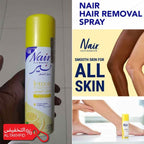 Nair hair removal spray bottle with promotional text and images of smooth skin.