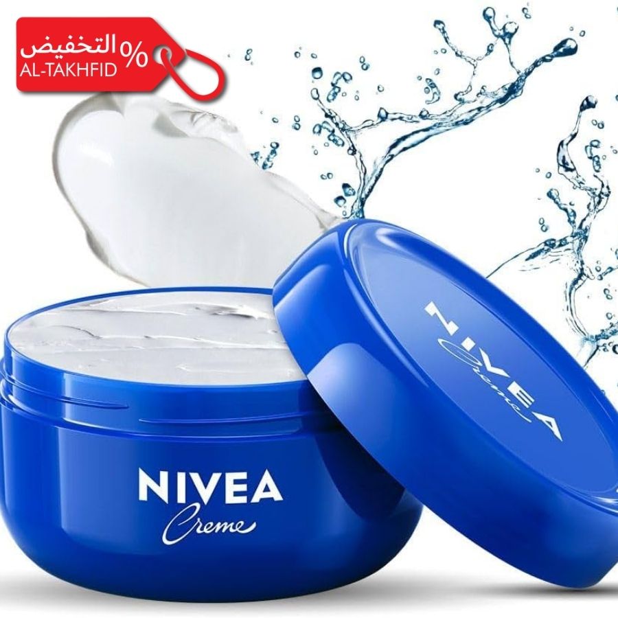 Nivea cream jar with water splashes and a discount tag in the background