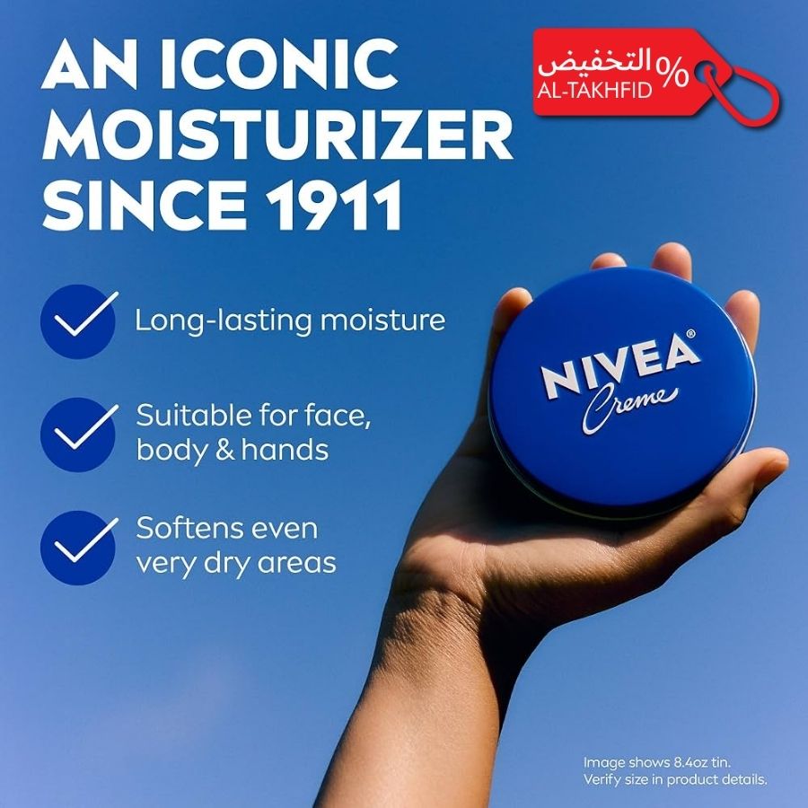 Nivea cream tin held in a hand with promotional text on a blue background
