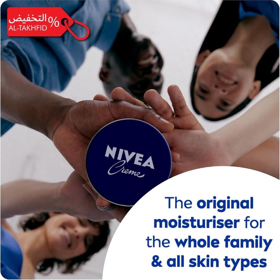 Nivea cream container held by hands with children in the background, promotional text overlay.
