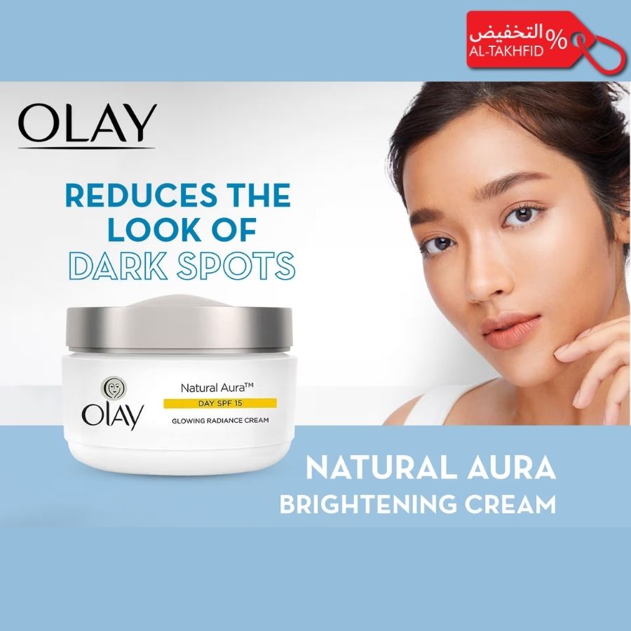 Olay Natural Aura Brightening Cream with a model's using the product.
